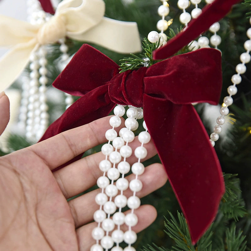 Pearl Bow Christmas Ornaments Set of 3 - Large, Medium & Small Sizes in Burgundy, Deep Green & Cream - Elegant Tree Decor, Window Display, Holiday Party Styling