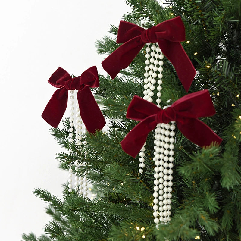 Pearl Bow Christmas Ornaments Set of 3 - Large, Medium & Small Sizes in Burgundy, Deep Green & Cream - Elegant Tree Decor, Window Display, Holiday Party Styling