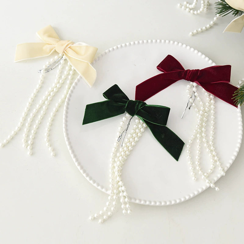 Pearl Bow Christmas Ornaments Set of 3 - Large, Medium & Small Sizes in Burgundy, Deep Green & Cream - Elegant Tree Decor, Window Display, Holiday Party Styling