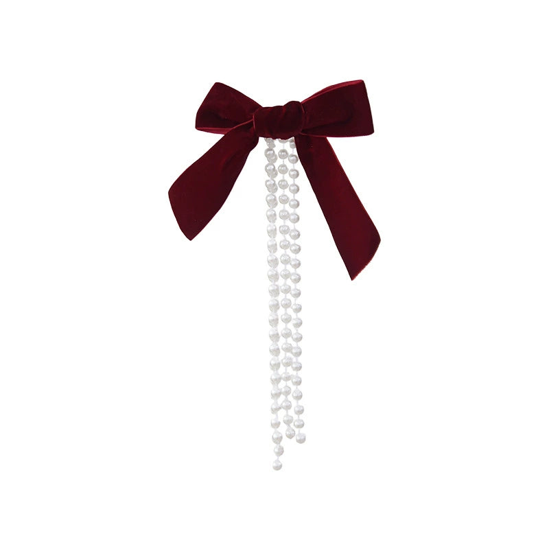 Pearl Bow Christmas Ornaments Set of 3 - Large, Medium & Small Sizes in Burgundy, Deep Green & Cream - Elegant Tree Decor, Window Display, Holiday Party Styling
