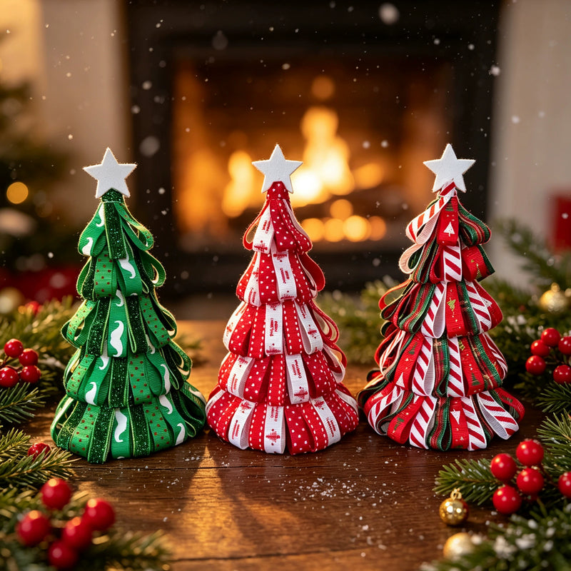Mini Christmas Tree Decor with Ribbon, 7" Tabletop Pine Cone Tree for Holiday Decor, Mantel, Wedding Centerpieces, Bulk Wholesale Options