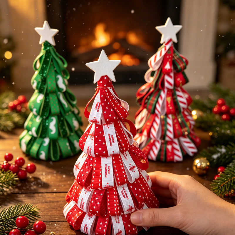 Mini Christmas Tree Decor with Ribbon, 7" Tabletop Pine Cone Tree for Holiday Decor, Mantel, Wedding Centerpieces, Bulk Wholesale Options