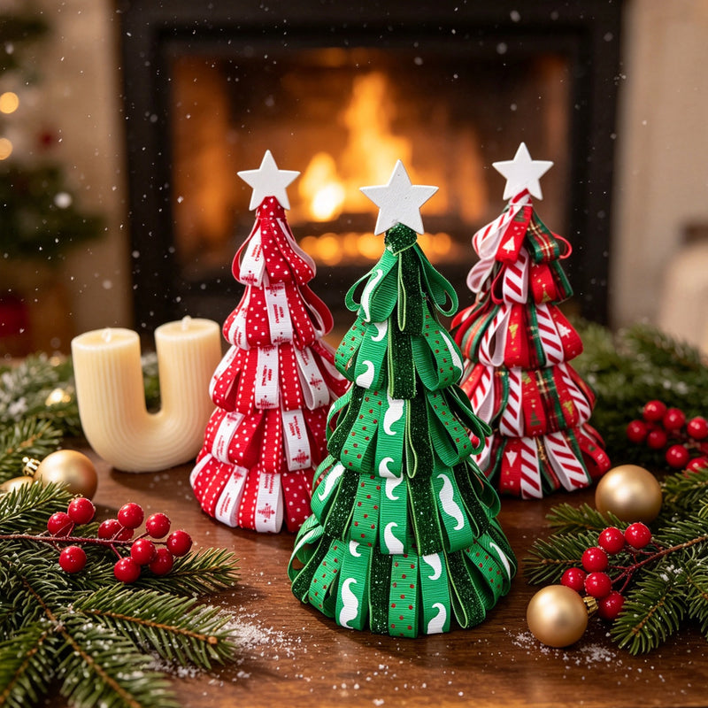 Mini Christmas Tree Decor with Ribbon, 7" Tabletop Pine Cone Tree for Holiday Decor, Mantel, Wedding Centerpieces, Bulk Wholesale Options