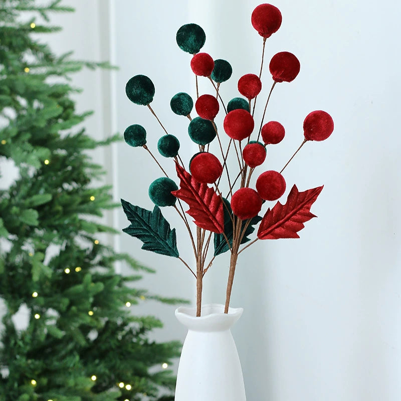 Velvet-Wrapped Floral Stems, 22" Artificial Christmas Berries & Balls,  DIY Holiday Decor, Wedding Centerpieces, Home Styling