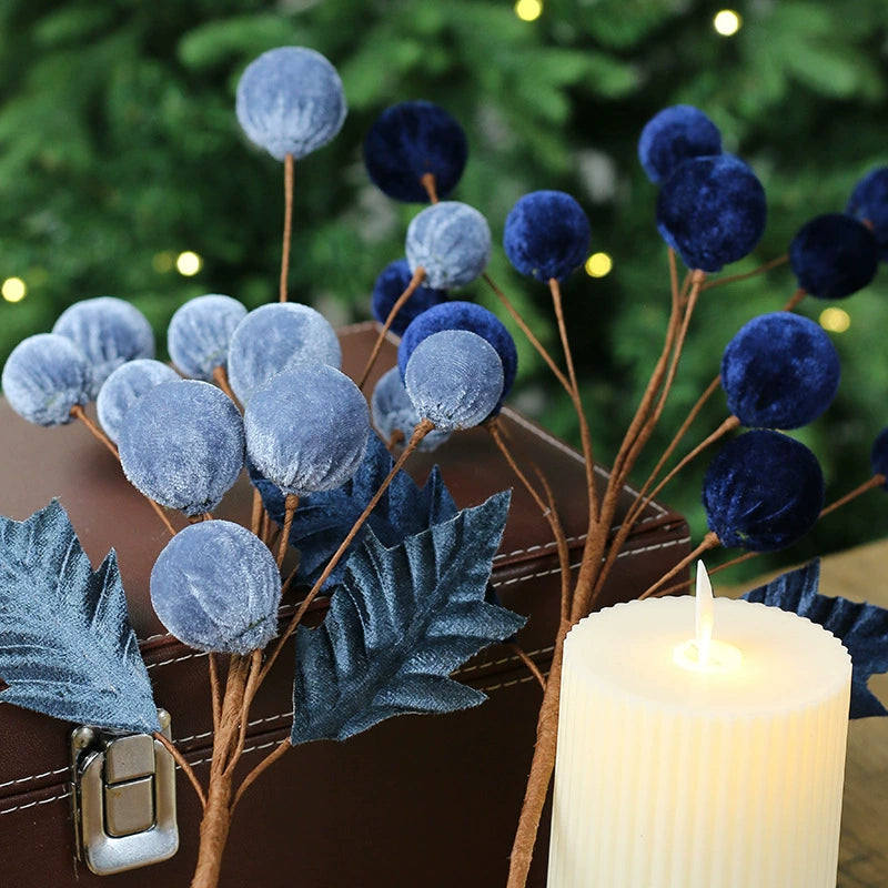 Velvet-Wrapped Floral Stems, 22" Artificial Christmas Berries & Balls,  DIY Holiday Decor, Wedding Centerpieces, Home Styling
