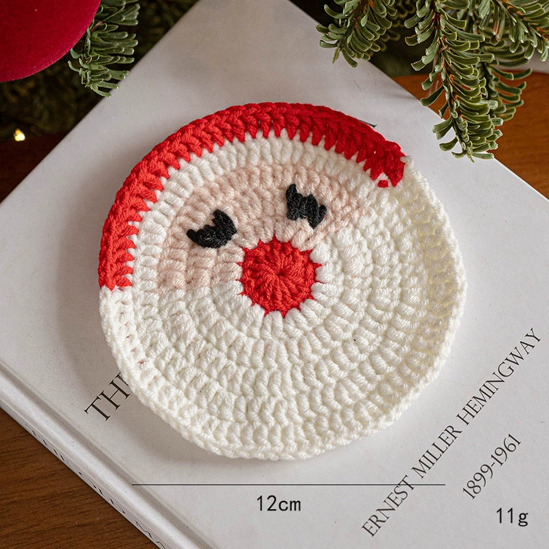 Hand-Knitted Christmas Coasters , 5" Wool Felt Holiday Table Decor, Non-Slip Hot Pad for Home, Party & Gift