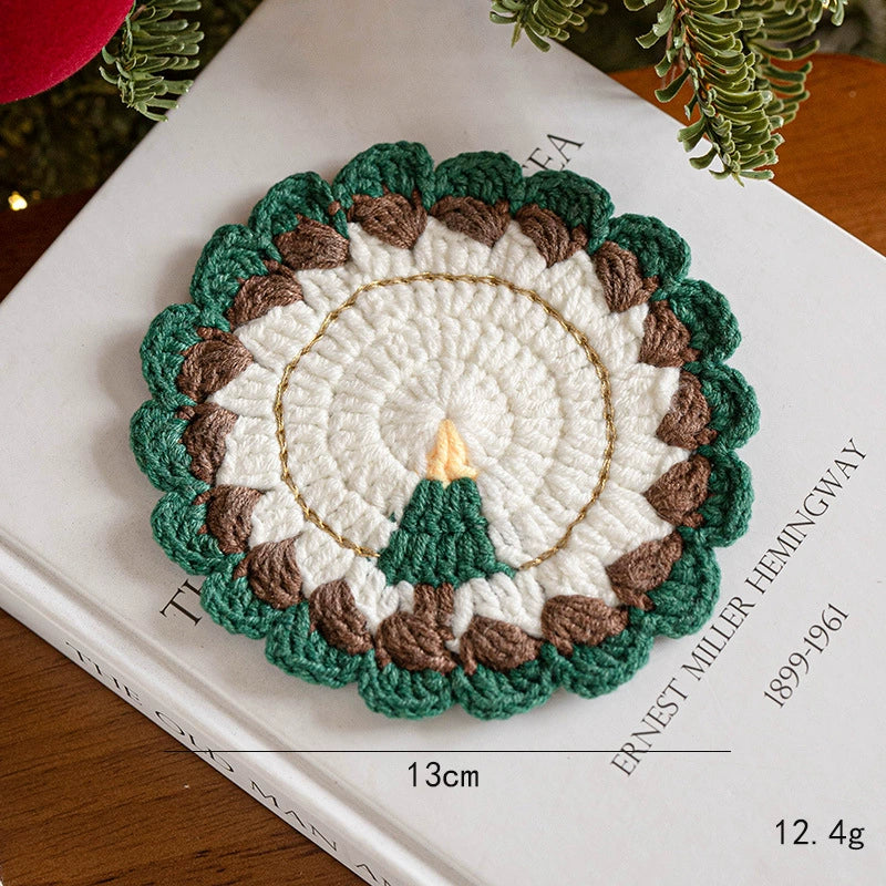 Hand-Knitted Christmas Coasters , 5" Wool Felt Holiday Table Decor, Non-Slip Hot Pad for Home, Party & Gift