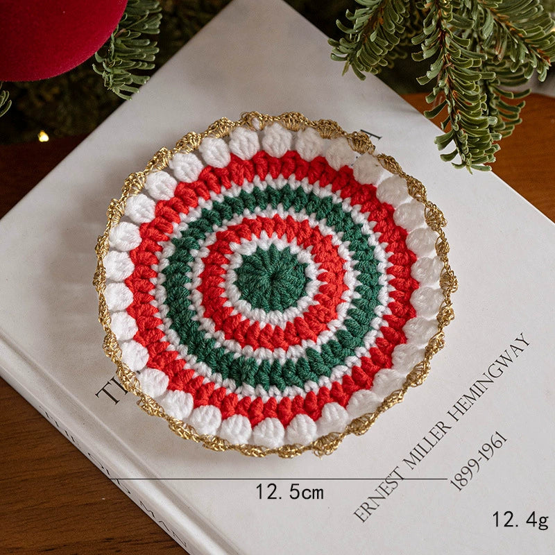 Hand-Knitted Christmas Coasters , 5" Wool Felt Holiday Table Decor, Non-Slip Hot Pad for Home, Party & Gift