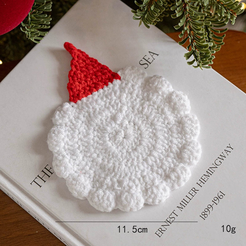 Hand-Knitted Christmas Coasters , 5" Wool Felt Holiday Table Decor, Non-Slip Hot Pad for Home, Party & Gift