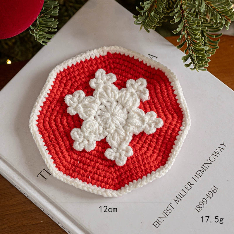 Hand-Knitted Christmas Coasters , 5" Wool Felt Holiday Table Decor, Non-Slip Hot Pad for Home, Party & Gift