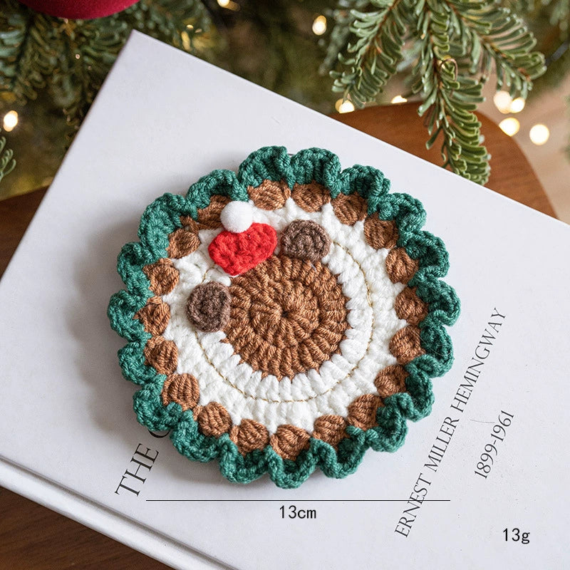 Hand-Knitted Christmas Coasters , 5" Wool Felt Holiday Table Decor, Non-Slip Hot Pad for Home, Party & Gift