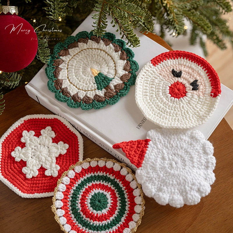 Hand-Knitted Christmas Coasters , 5" Wool Felt Holiday Table Decor, Non-Slip Hot Pad for Home, Party & Gift
