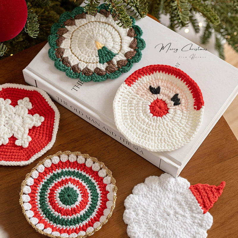 Hand-Knitted Christmas Coasters , 5" Wool Felt Holiday Table Decor, Non-Slip Hot Pad for Home, Party & Gift