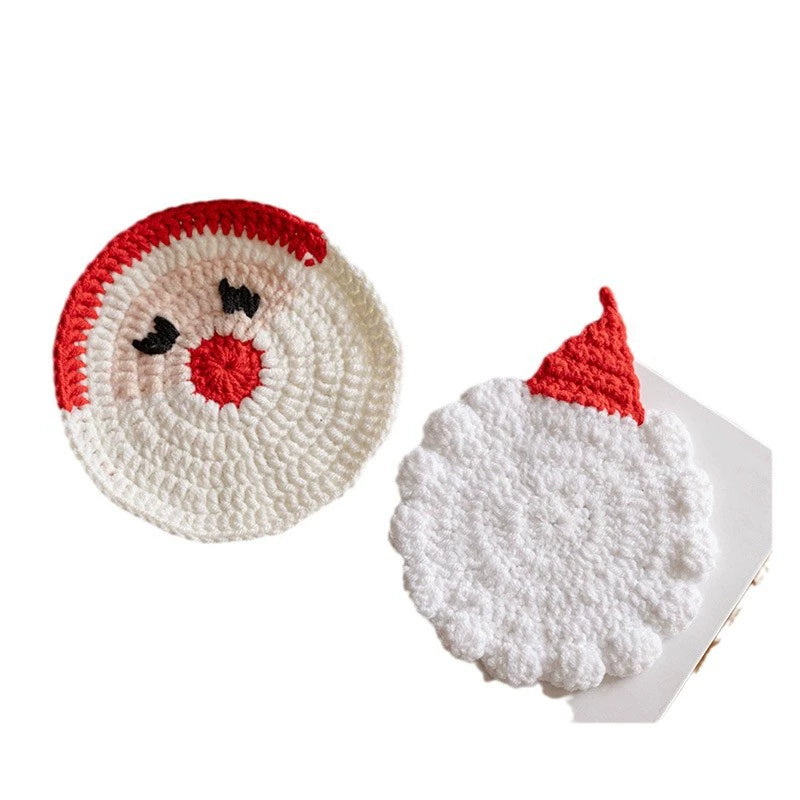 Hand-Knitted Christmas Coasters , 5" Wool Felt Holiday Table Decor, Non-Slip Hot Pad for Home, Party & Gift