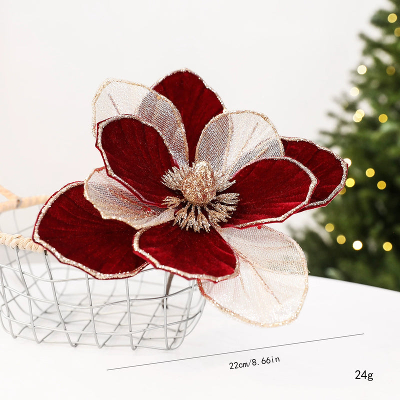 9"  Glitter Poinsettia Decor - Holiday Red, Green, Cream, Christmas Centerpiece, Wedding & Event Florals, Home Decor