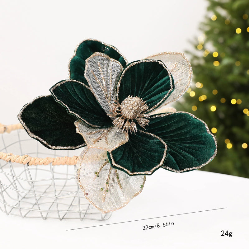 9"  Glitter Poinsettia Decor - Holiday Red, Green, Cream, Christmas Centerpiece, Wedding & Event Florals, Home Decor