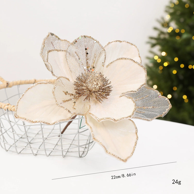 9"  Glitter Poinsettia Decor - Holiday Red, Green, Cream, Christmas Centerpiece, Wedding & Event Florals, Home Decor
