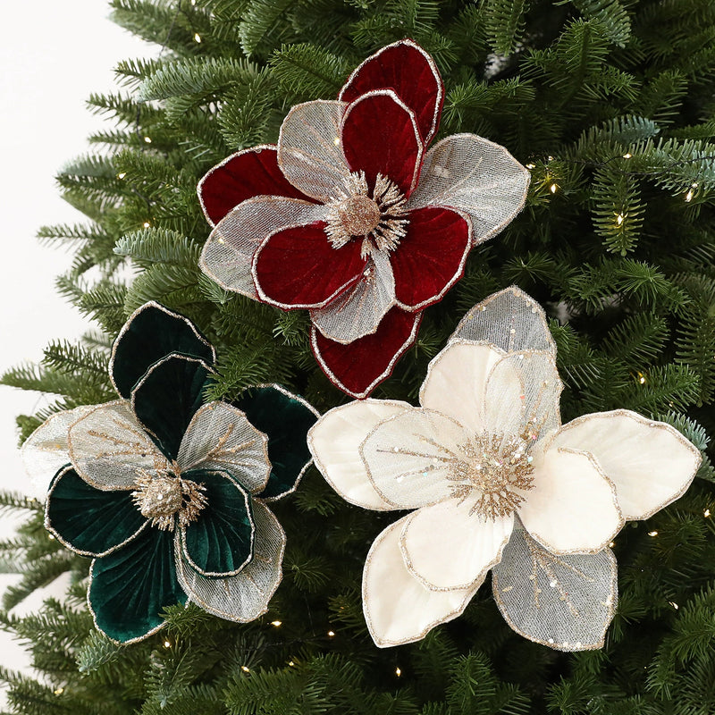 9"  Glitter Poinsettia Decor - Holiday Red, Green, Cream, Christmas Centerpiece, Wedding & Event Florals, Home Decor