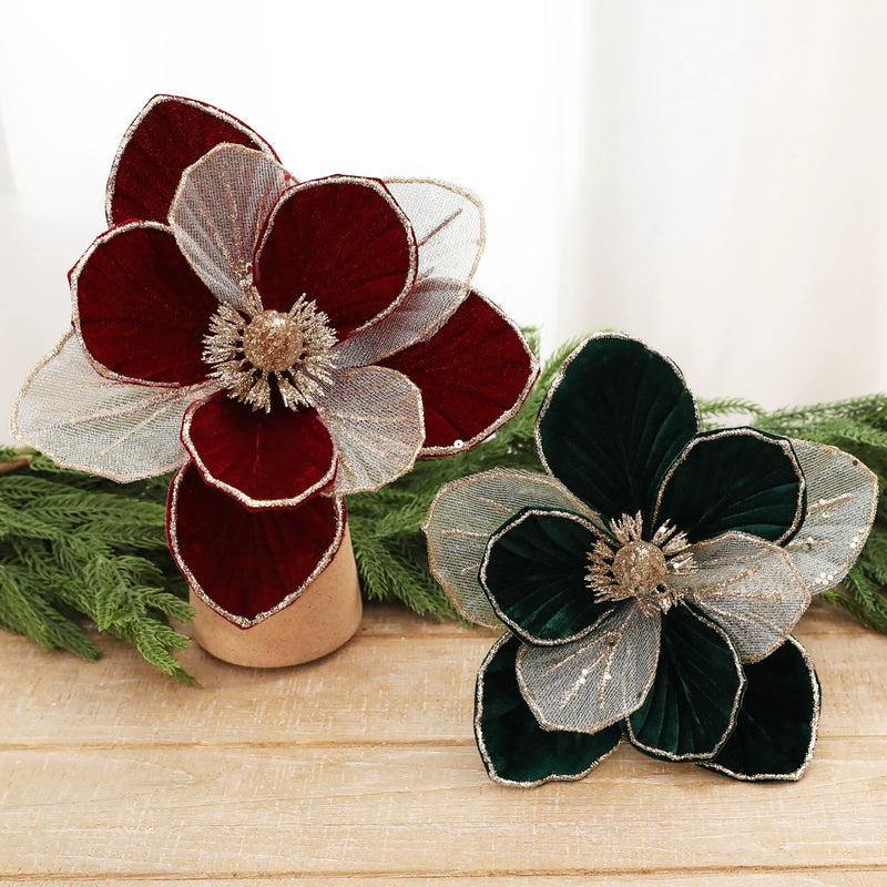 9"  Glitter Poinsettia Decor - Holiday Red, Green, Cream, Christmas Centerpiece, Wedding & Event Florals, Home Decor