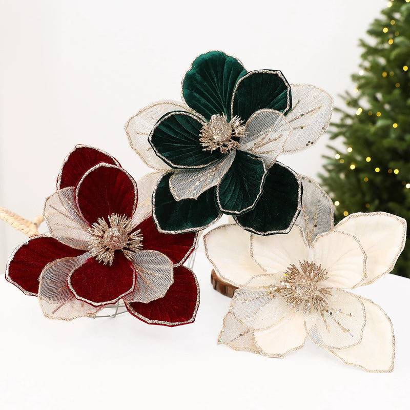 9"  Glitter Poinsettia Decor - Holiday Red, Green, Cream, Christmas Centerpiece, Wedding & Event Florals, Home Decor