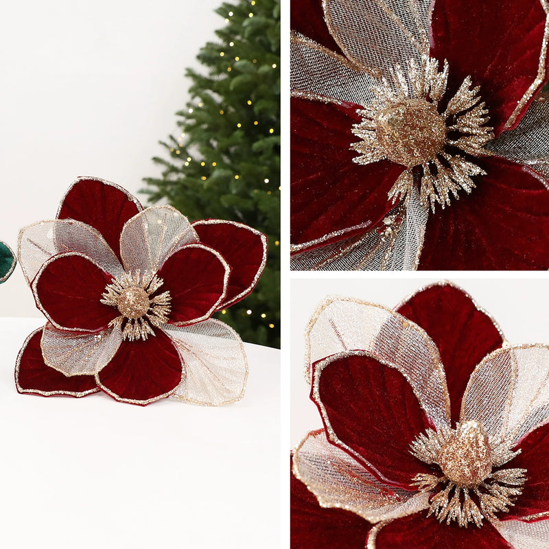 9"  Glitter Poinsettia Decor - Holiday Red, Green, Cream, Christmas Centerpiece, Wedding & Event Florals, Home Decor