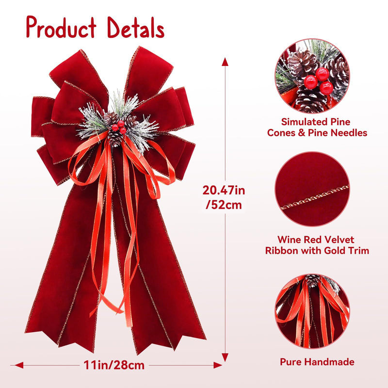 Burgundy Velvet Bow Snow Pine Christmas Wreath, 20" Wide, Real-Touch Holiday Decor for Home, Events, and Retail Displays