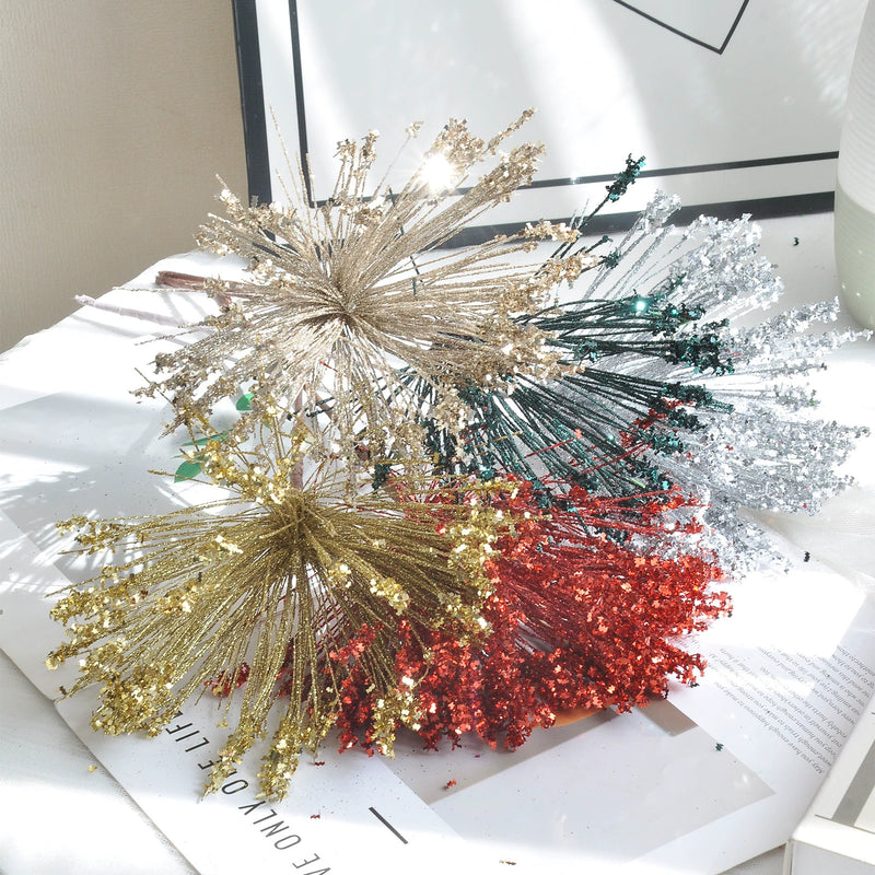 Set of 5 Real-Touch Christmas Glitter Stems, 14” Long, Gold Champagne Red Green Silver, Holiday Decor, Tree Ornaments, Home Decor, Wedding Arrangements