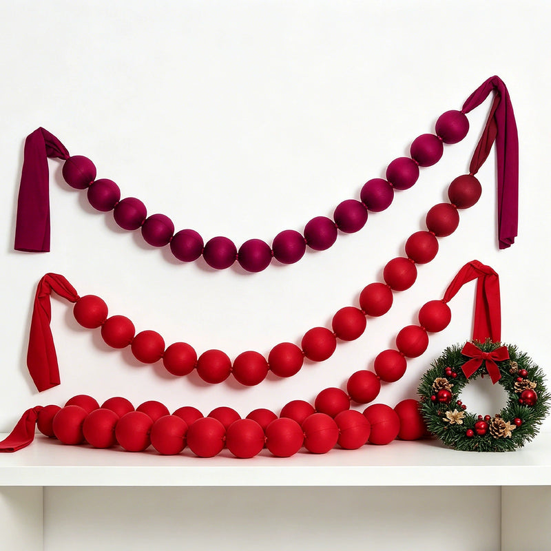 Red Fabric Ball Garland, 18-Piece 91" Holiday Decor with 3" Balls, Christmas Wedding Party Home Decoration