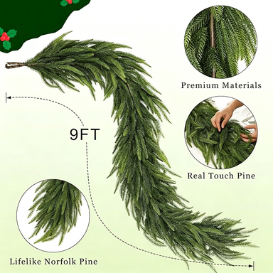 2.7m (9ft) Real-Touch Plastic Norfolk Pine Garland, Christmas Holiday Decor, Indoor Festive Arrangements, Wedding & Event Decor