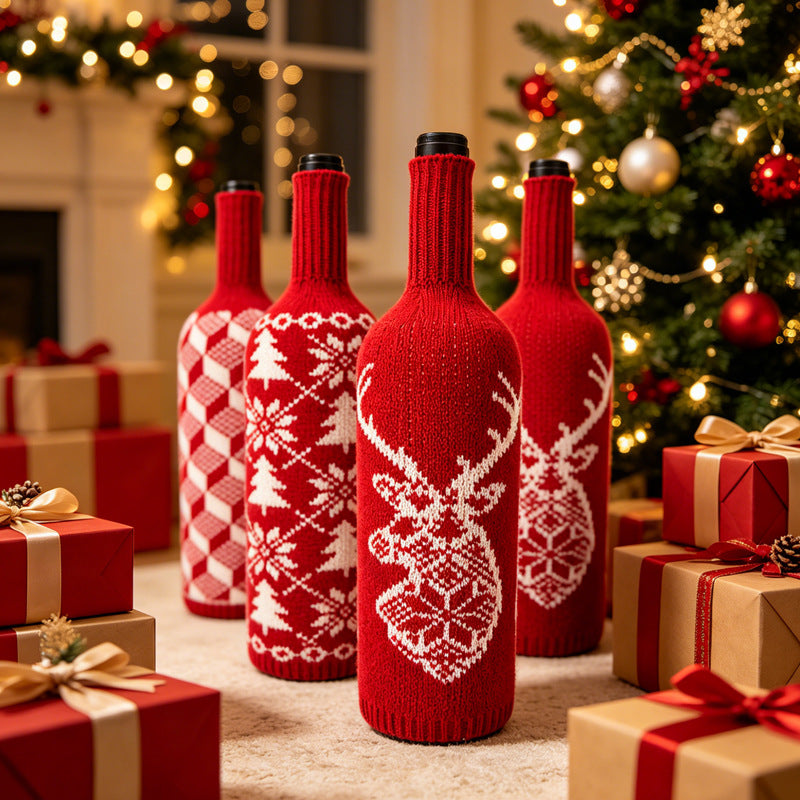 Wool Knit Wine Bottle Sleeve, 11" Tall, 4.5" Wide, 1.5" Neck, Christmas Decor, Holiday Gift Wrap, Cozy Table Decor