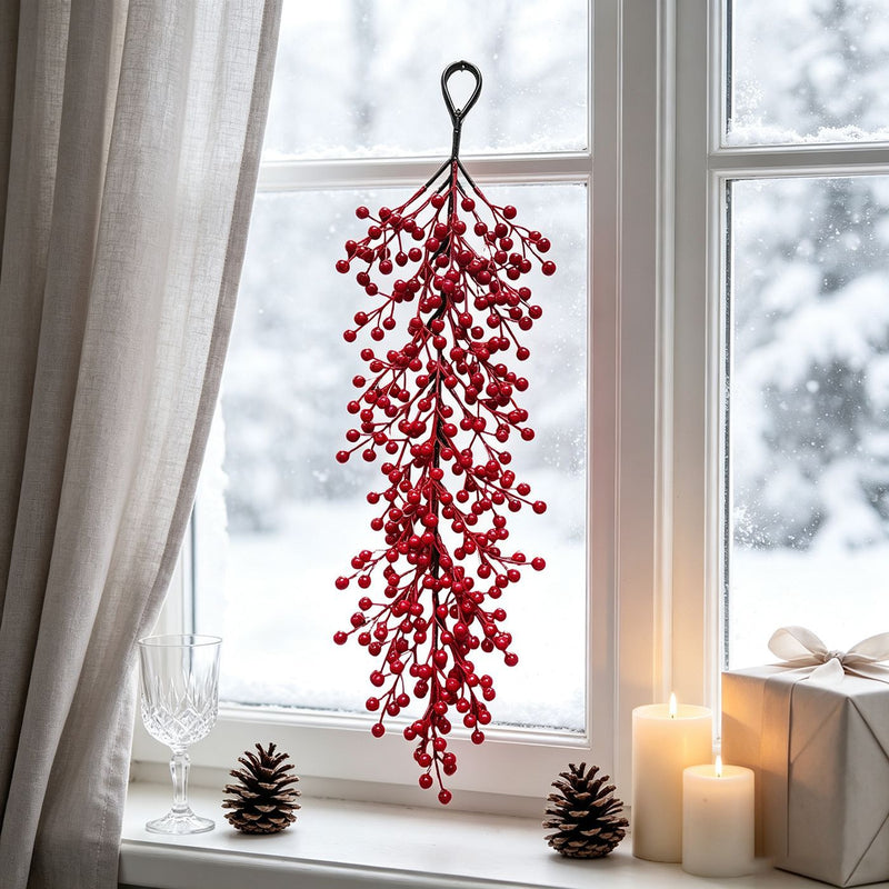 Red Berry Wall Hanging, 24" Long, Real-Touch Faux Holly, Christmas Decor, Festive Home Decor, Wedding & Event Styling