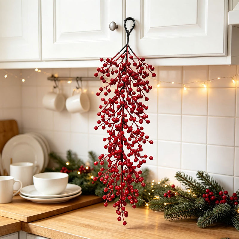 Red Berry Wall Hanging, 24" Long, Real-Touch Faux Holly, Christmas Decor, Festive Home Decor, Wedding & Event Styling