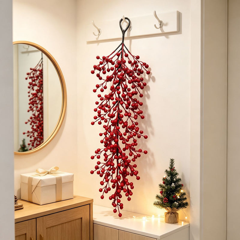Red Berry Wall Hanging, 24" Long, Real-Touch Faux Holly, Christmas Decor, Festive Home Decor, Wedding & Event Styling