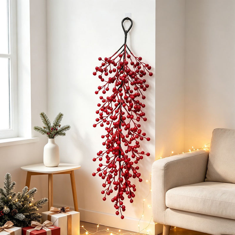 Red Berry Wall Hanging, 24" Long, Real-Touch Faux Holly, Christmas Decor, Festive Home Decor, Wedding & Event Styling