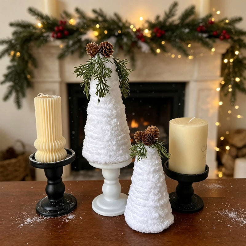 Realistic Pinecone & Mini Christmas Tree Set, 8" & 7", Flocked Faux Greenery, Holiday Home Decor, Wedding & Event Table Settings