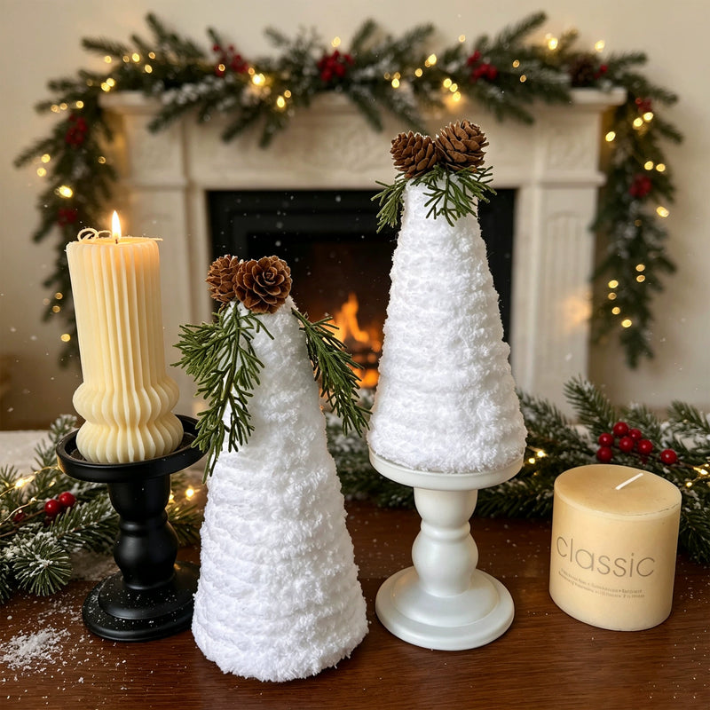 Realistic Pinecone & Mini Christmas Tree Set, 8" & 7", Flocked Faux Greenery, Holiday Home Decor, Wedding & Event Table Settings
