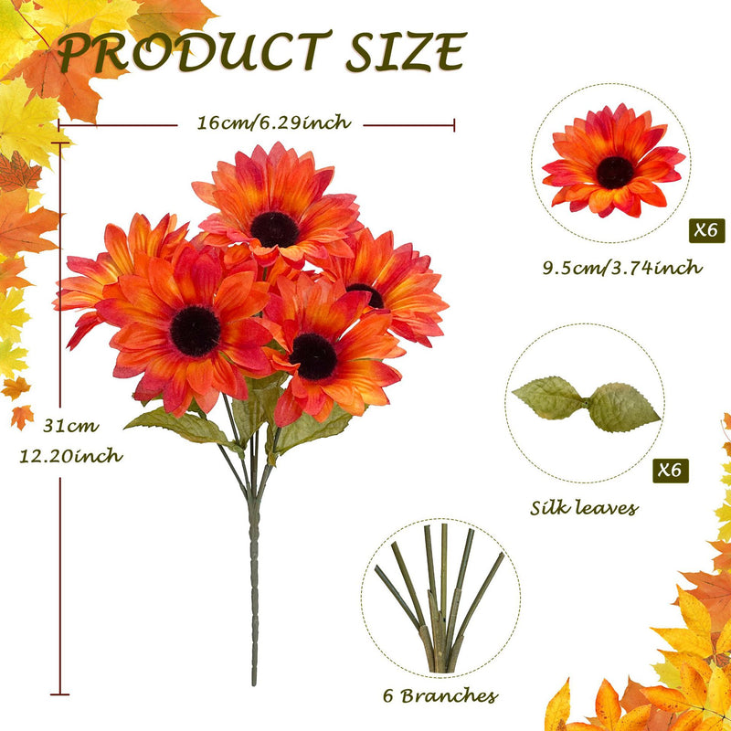 Sunflower Stems - Set of 6 Realistic Silk Flowers for Vases, 12" Tall, Perfect for Home Decor, Weddings & Events, Bulk Pricing Available