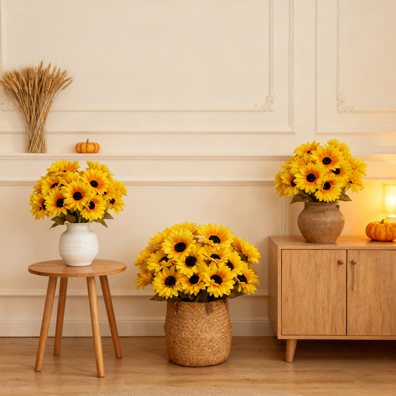 Sunflower Stems - Set of 6 Realistic Silk Flowers for Vases, 12" Tall, Perfect for Home Decor, Weddings & Events, Bulk Pricing Available
