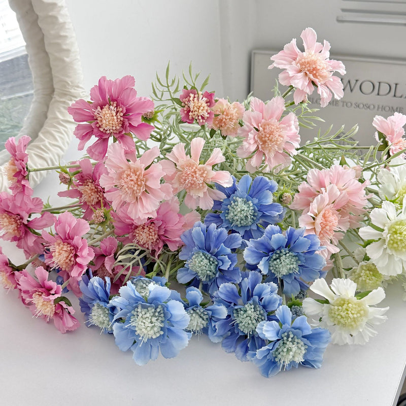 Scabiosa Artificial Flowers 24" Realistic Faux Floral Stems, Set of 4 Bloom Heads, Bendable Stems for Home Decor, Weddings, Events & DIY Arrangements