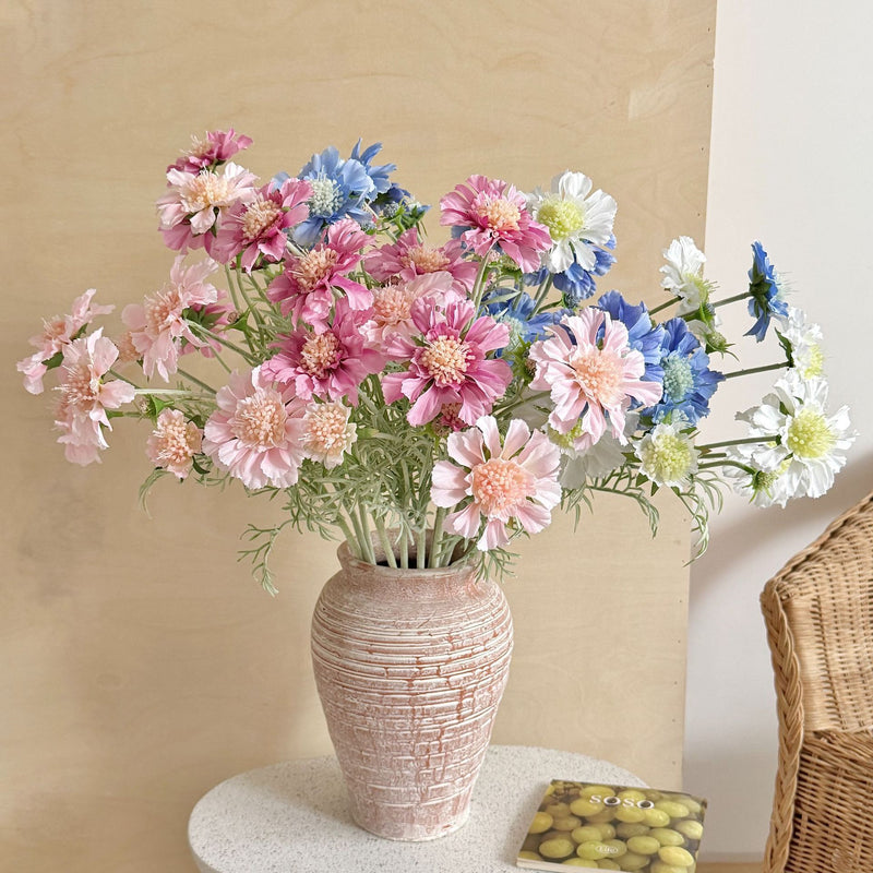 Scabiosa Artificial Flowers 24" Realistic Faux Floral Stems, Set of 4 Bloom Heads, Bendable Stems for Home Decor, Weddings, Events & DIY Arrangements