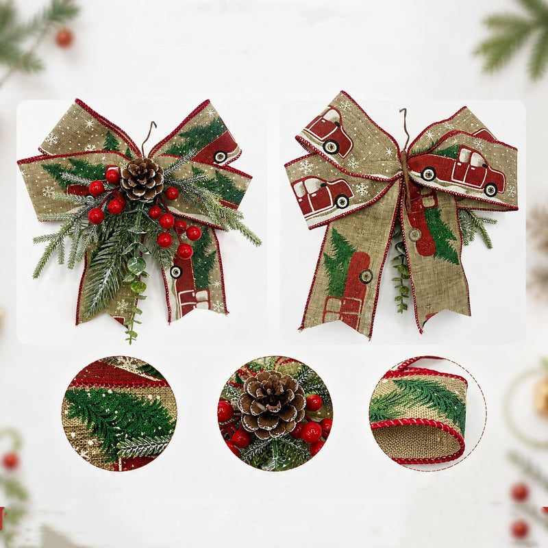 Christmas Bow Ornament with Pinecone & Berry Accents, 9" Wide Burlap Tree Decor for Holiday Home, Wedding & Event Styling