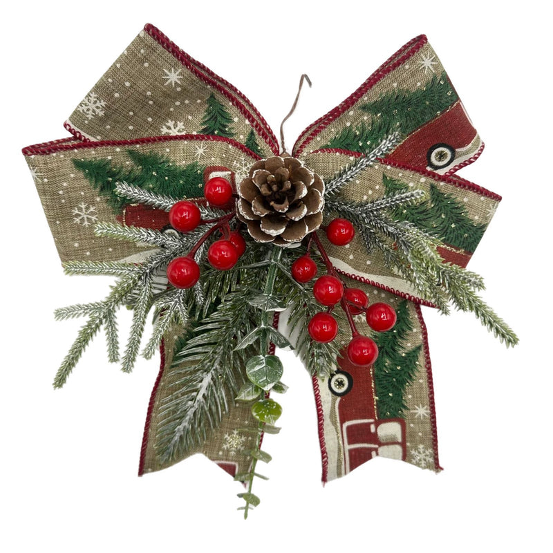 Christmas Bow Ornament with Pinecone & Berry Accents, 9" Wide Burlap Tree Decor for Holiday Home, Wedding & Event Styling
