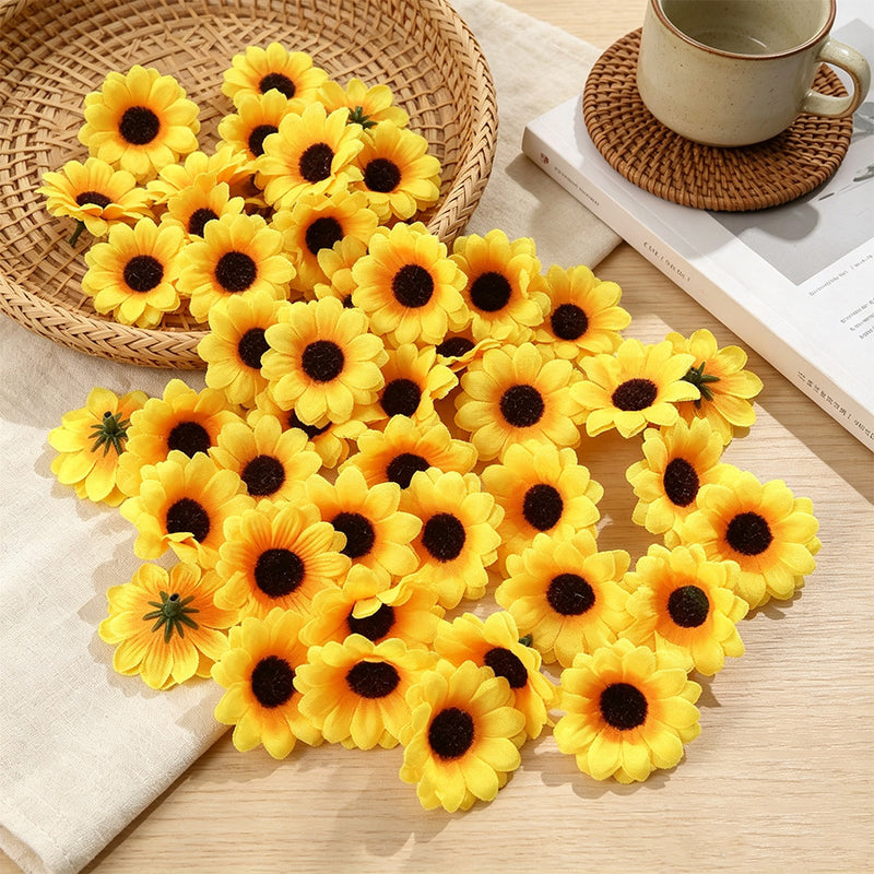 2" Silk Sunflower Heads, Pack of 50 - Realistic DIY Floral Stems for Wedding Bouquets, Home Decor, Centerpieces & Bulk Arrangements