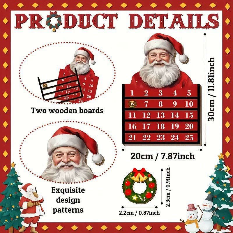 Wooden Advent Calendar with Santa Design, 12" Tall, Christmas Countdown Decor for Home, Weddings, and Events