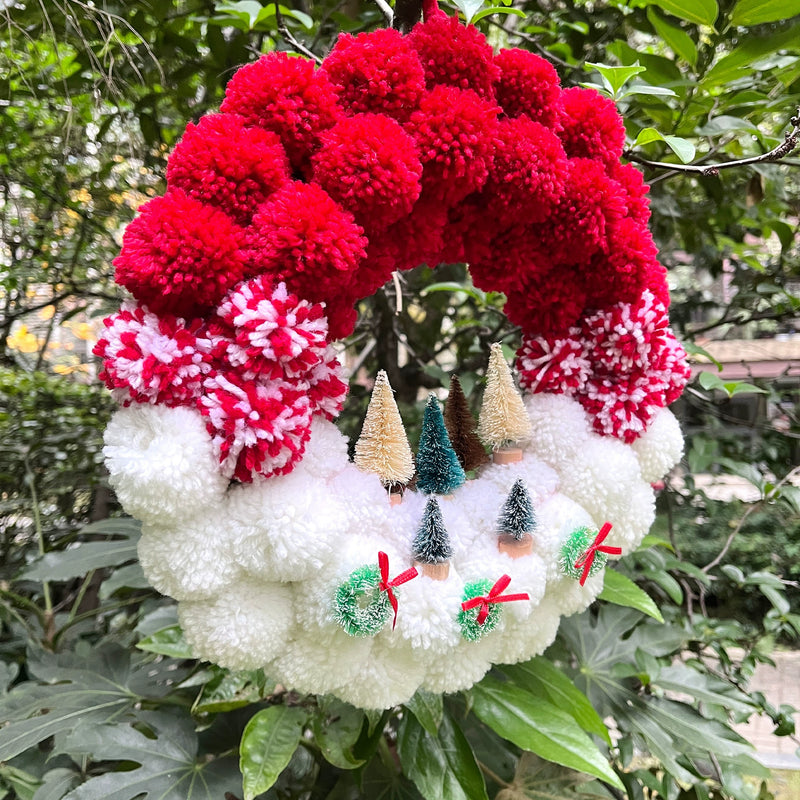 Christmas Pom Pom Wreath, 12" Fluffy Yarn Ball Holiday Decor for Door, Wall, Window Display – Bulk Discounts Available