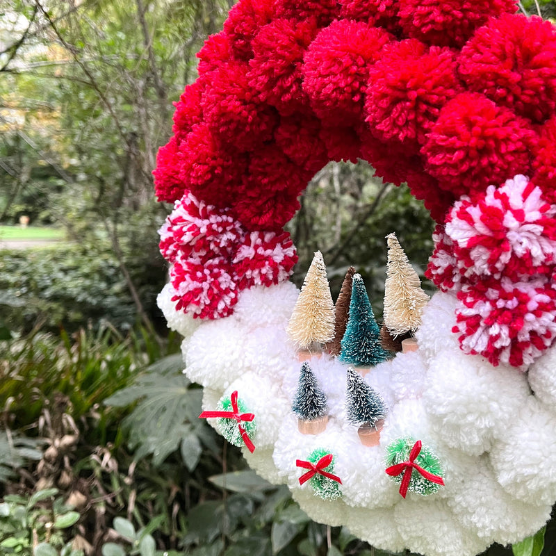 Christmas Pom Pom Wreath, 12" Fluffy Yarn Ball Holiday Decor for Door, Wall, Window Display – Bulk Discounts Available