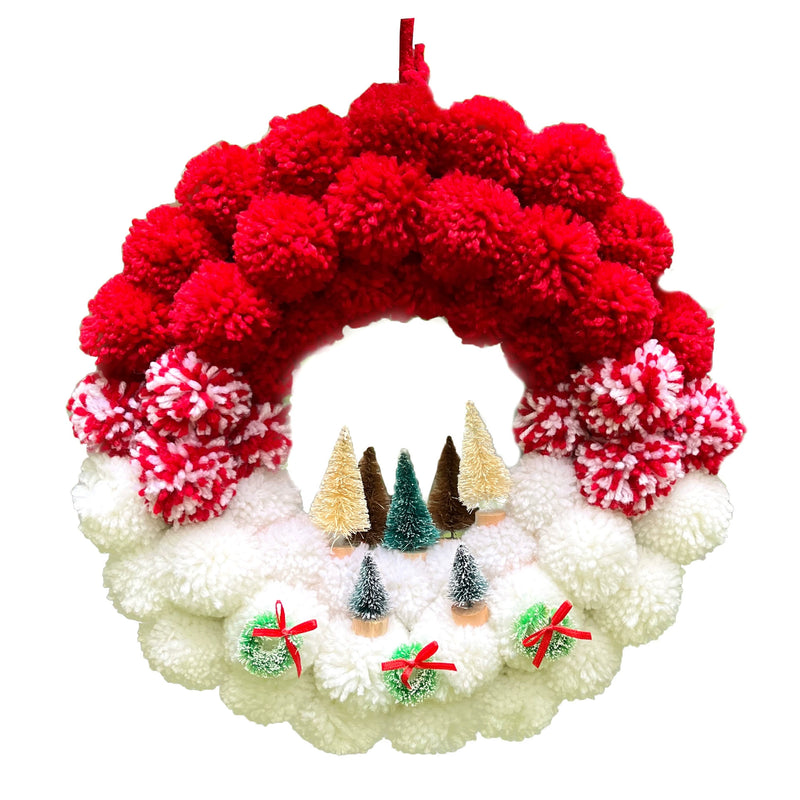 Christmas Pom Pom Wreath, 12" Fluffy Yarn Ball Holiday Decor for Door, Wall, Window Display – Bulk Discounts Available
