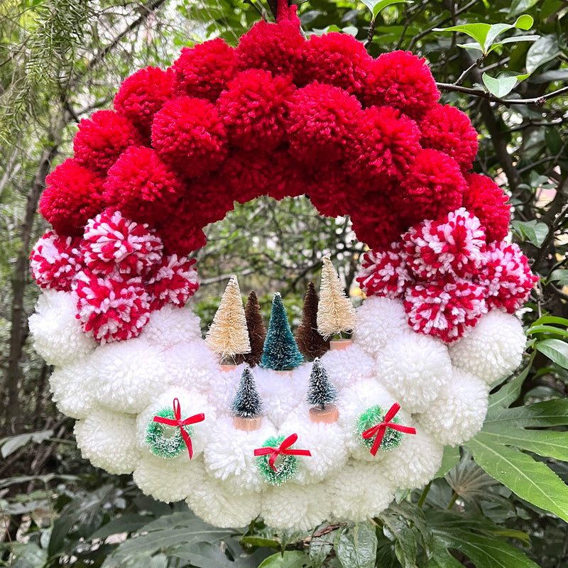 Christmas Pom Pom Wreath, 12" Fluffy Yarn Ball Holiday Decor for Door, Wall, Window Display – Bulk Discounts Available
