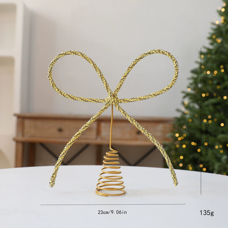 Sparkling Bow-Topped Iron Tree Topper, 10" Tall, Gold/Silver/Red, Christmas Tree Decor, Holiday Gift, Event Styling