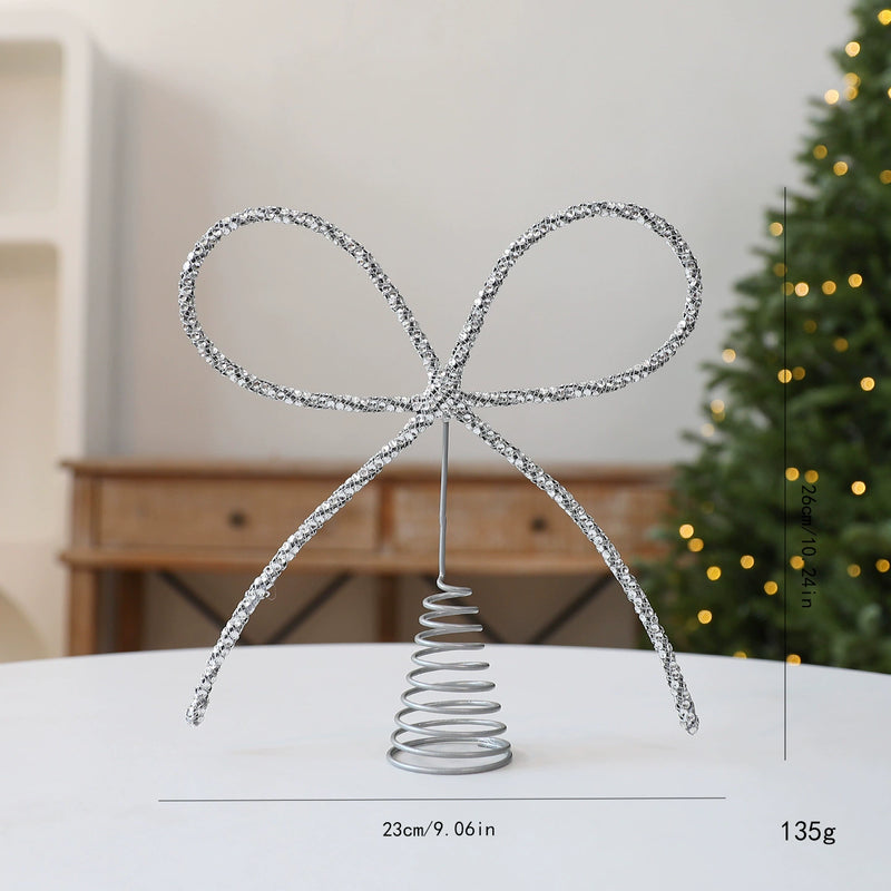 Sparkling Bow-Topped Iron Tree Topper, 10" Tall, Gold/Silver/Red, Christmas Tree Decor, Holiday Gift, Event Styling